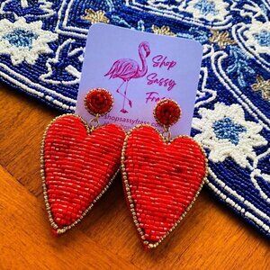 Boutique Sassy Frass Beaded Heart Earrings - Red
